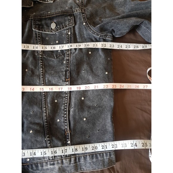 Boohoo Blue Womens Gray Jacket Denim Rhinestone Sequin Y2k 80's look Size 8 - Picture 8 of 15